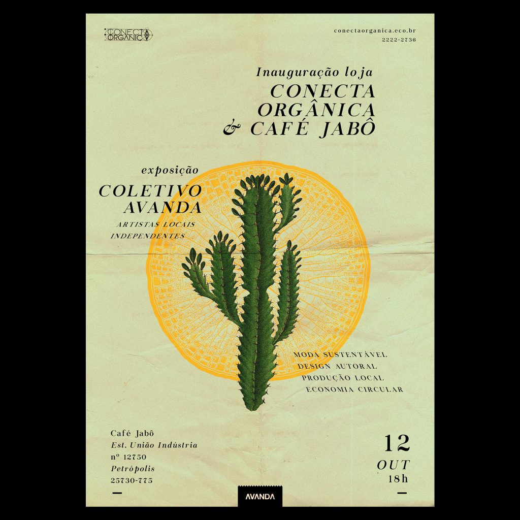 Arte de cartaz digital de divulgação da inauguração da loja conecta orgânica e exposição pocket do coletivo avanda no Café Jabô em itaipava petrópolis rj. Design: Rafael Campinho.